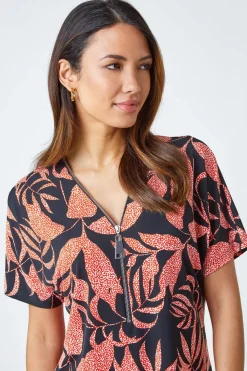 Roman Orange Leaf Print Zip Detail V-Neck Stretch Top