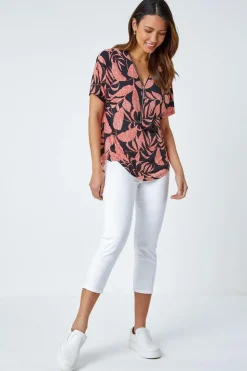 Roman Orange Leaf Print Zip Detail V-Neck Stretch Top