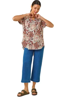 Roman Orange Paisley Print V-Neck Top