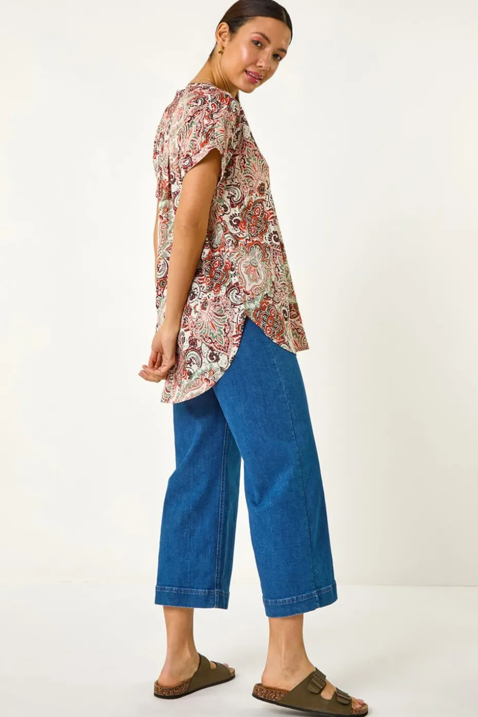 Roman Orange Paisley Print V-Neck Top