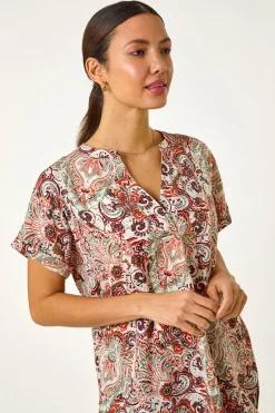Roman Orange Paisley Print V-Neck Top