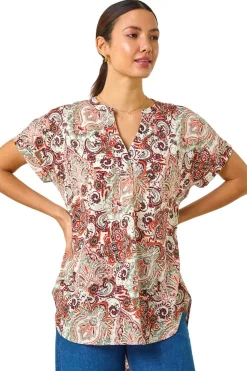 Roman Orange Paisley Print V-Neck Top