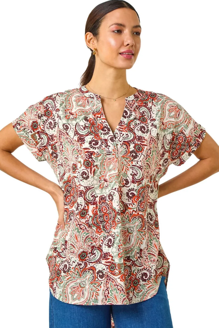 Roman Orange Paisley Print V-Neck Top
