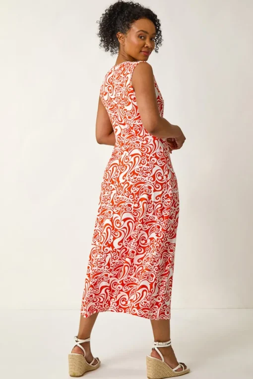 Roman Orange Petite Abstract Print Wrap Midi Dress