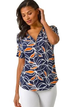 Roman Orange Textured Print Zip Detail Top