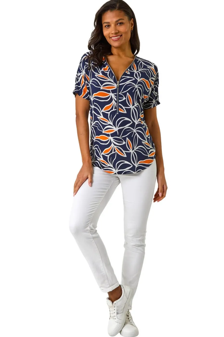 Roman Orange Textured Print Zip Detail Top