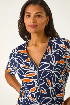 Roman Orange Textured Print Zip Detail Top