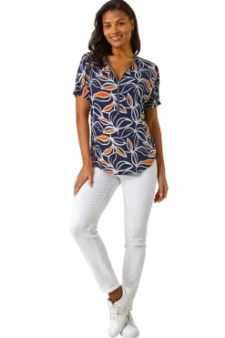Roman Orange Textured Print Zip Detail Top