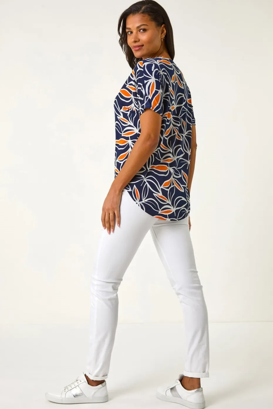 Roman Orange Textured Print Zip Detail Top