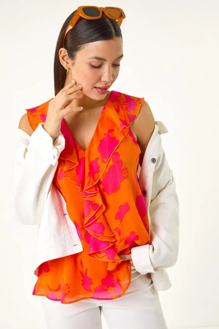 Roman Orange Tropical Print Ruffle Vest Top