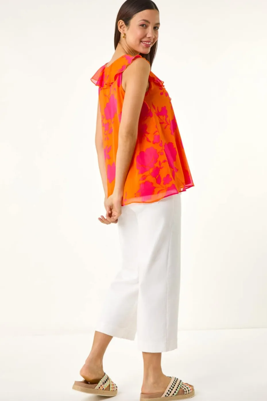Roman Orange Tropical Print Ruffle Vest Top