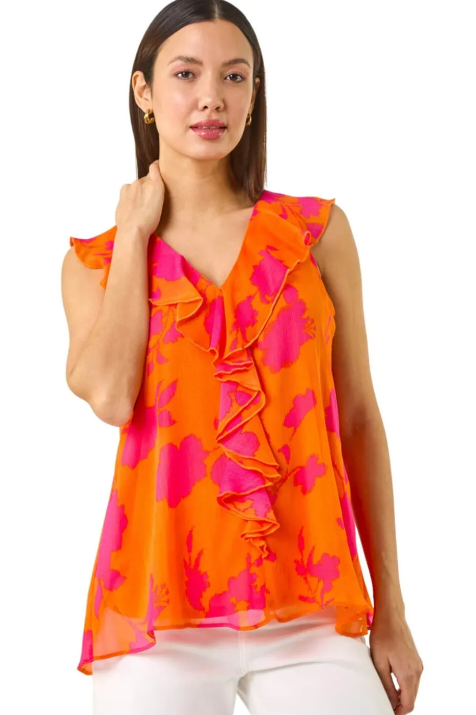 Roman Orange Tropical Print Ruffle Vest Top