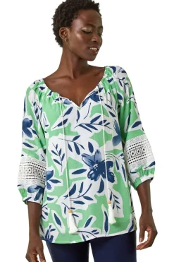 Roman Pale Green Floral Print Tie Front Top