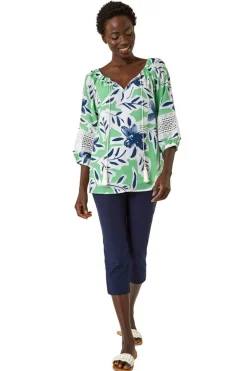 Roman Pale Green Floral Print Tie Front Top