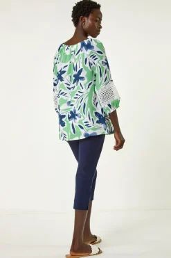 Roman Pale Green Floral Print Tie Front Top