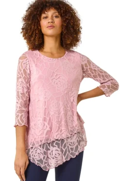 Roman Pale Pink Burnout Rose Detail Asymmetric Top