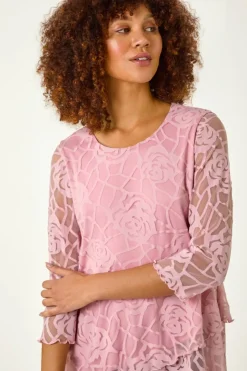 Roman Pale Pink Burnout Rose Detail Asymmetric Top