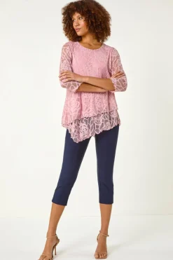 Roman Pale Pink Burnout Rose Detail Asymmetric Top