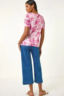 Roman Pale Pink Floral Print Burnout V-Neck Top