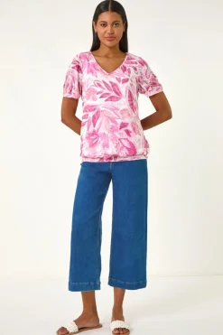 Roman Pale Pink Floral Print Burnout V-Neck Top