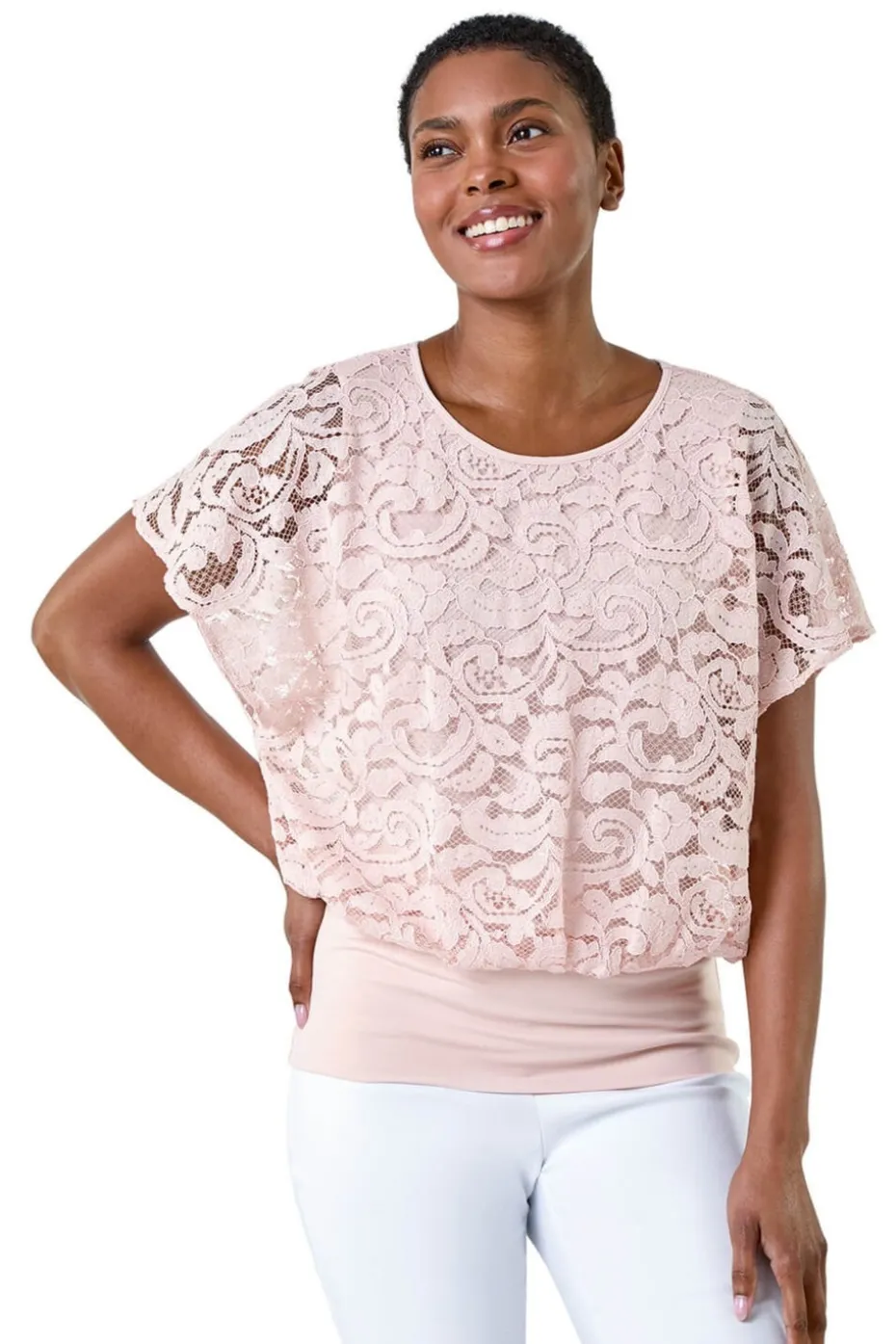 Roman Pale Pink Lace Stretch Bubble Hem Top