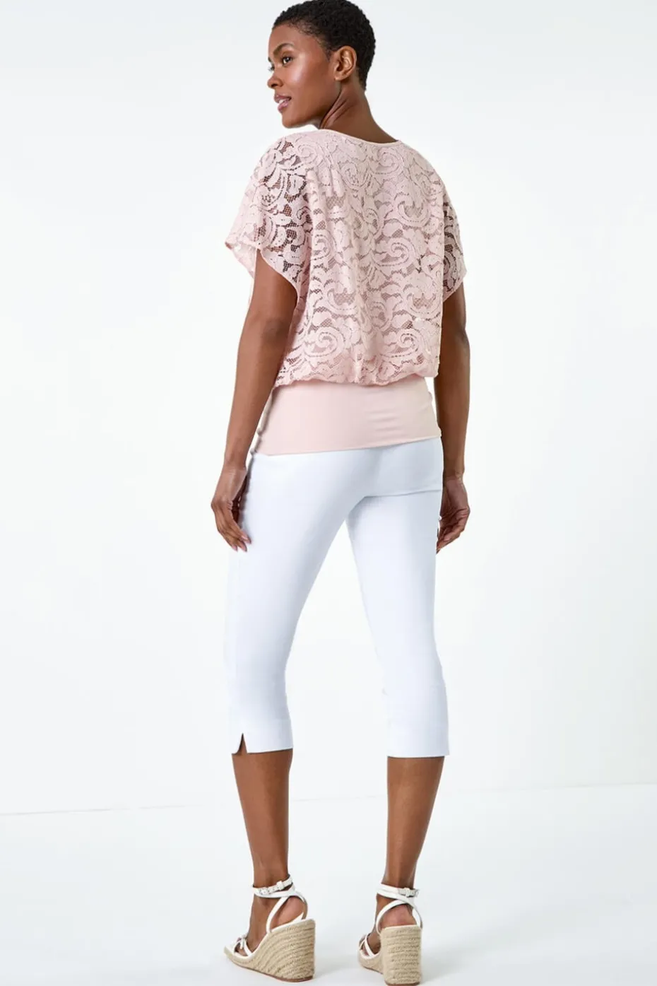 Roman Pale Pink Lace Stretch Bubble Hem Top
