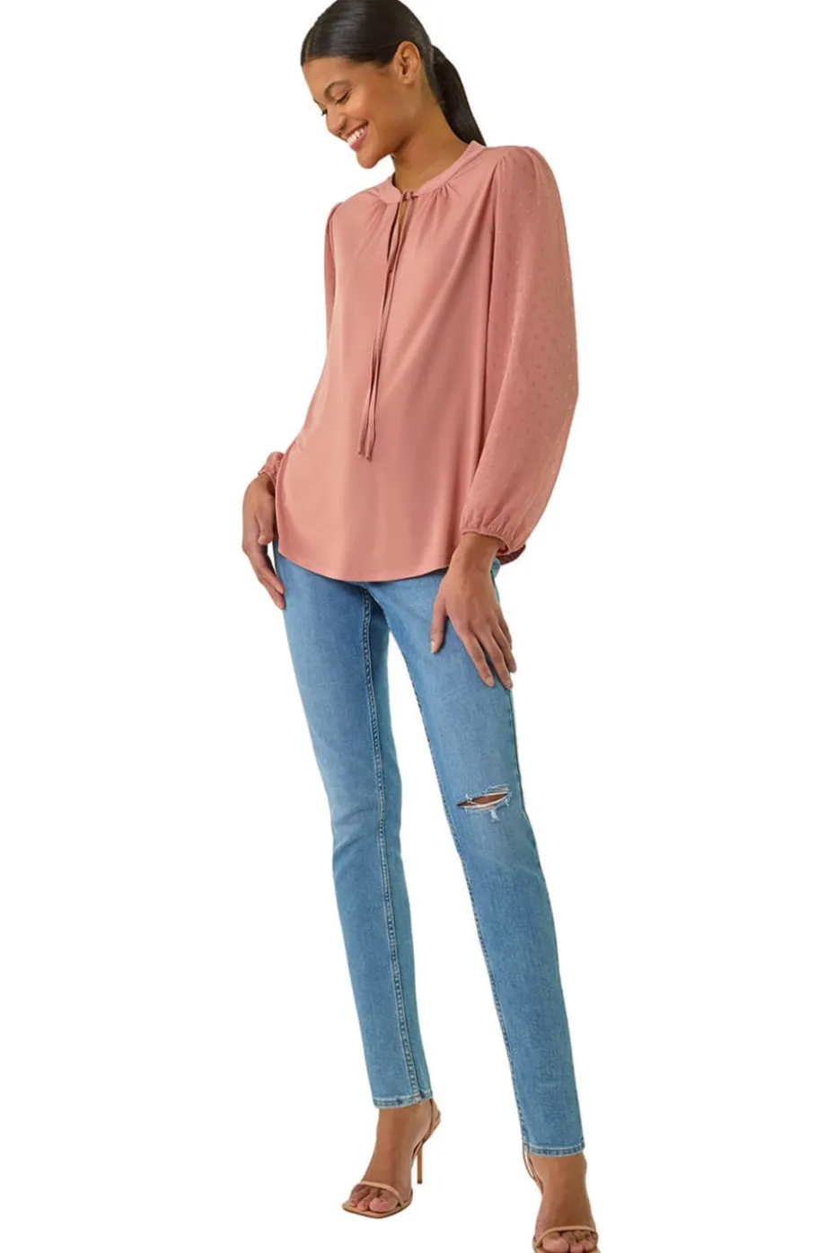 Roman Peach Tie Neck Shimmer Dobby Sleeve Top