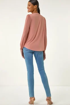 Roman Peach Tie Neck Shimmer Dobby Sleeve Top