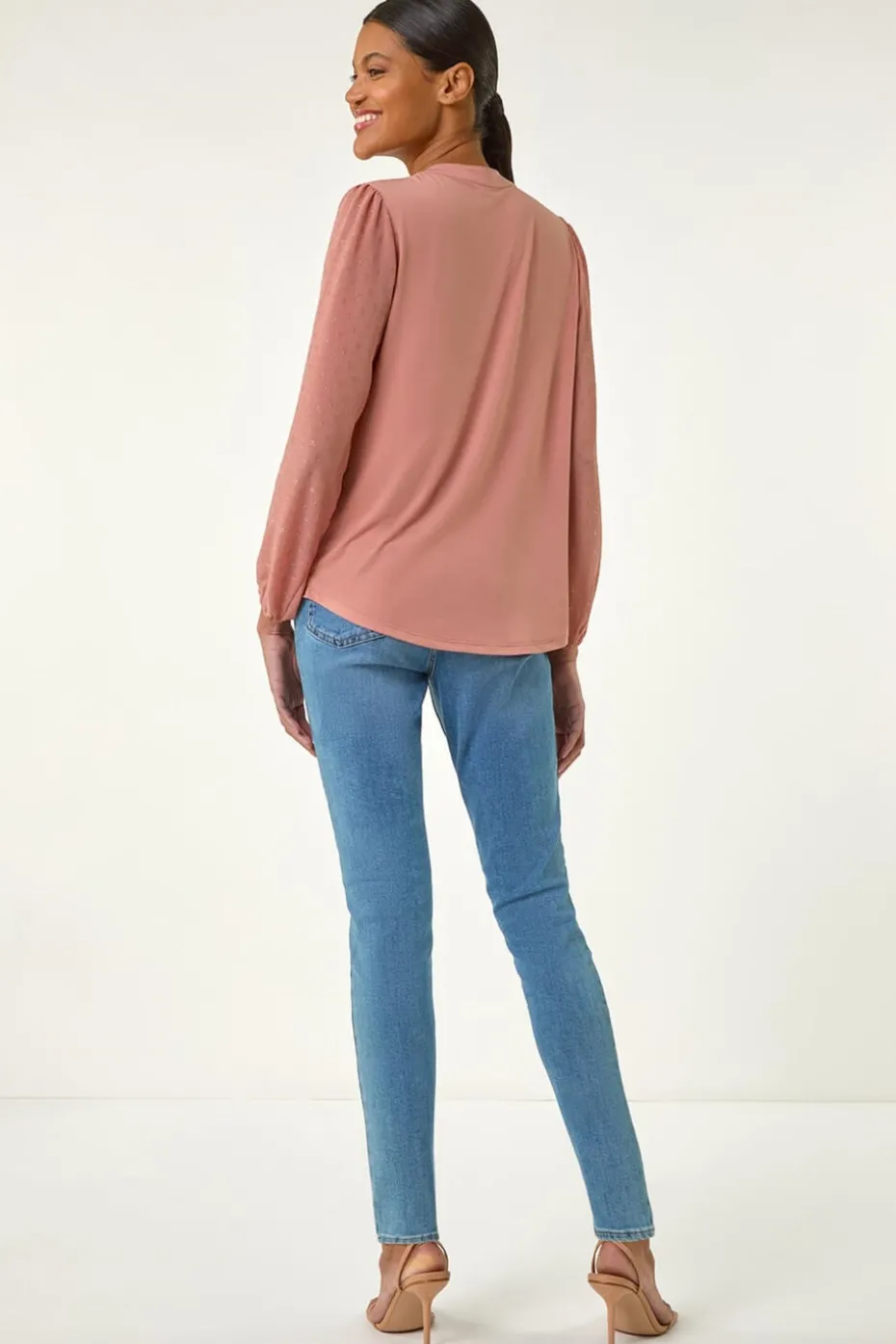 Roman Peach Tie Neck Shimmer Dobby Sleeve Top