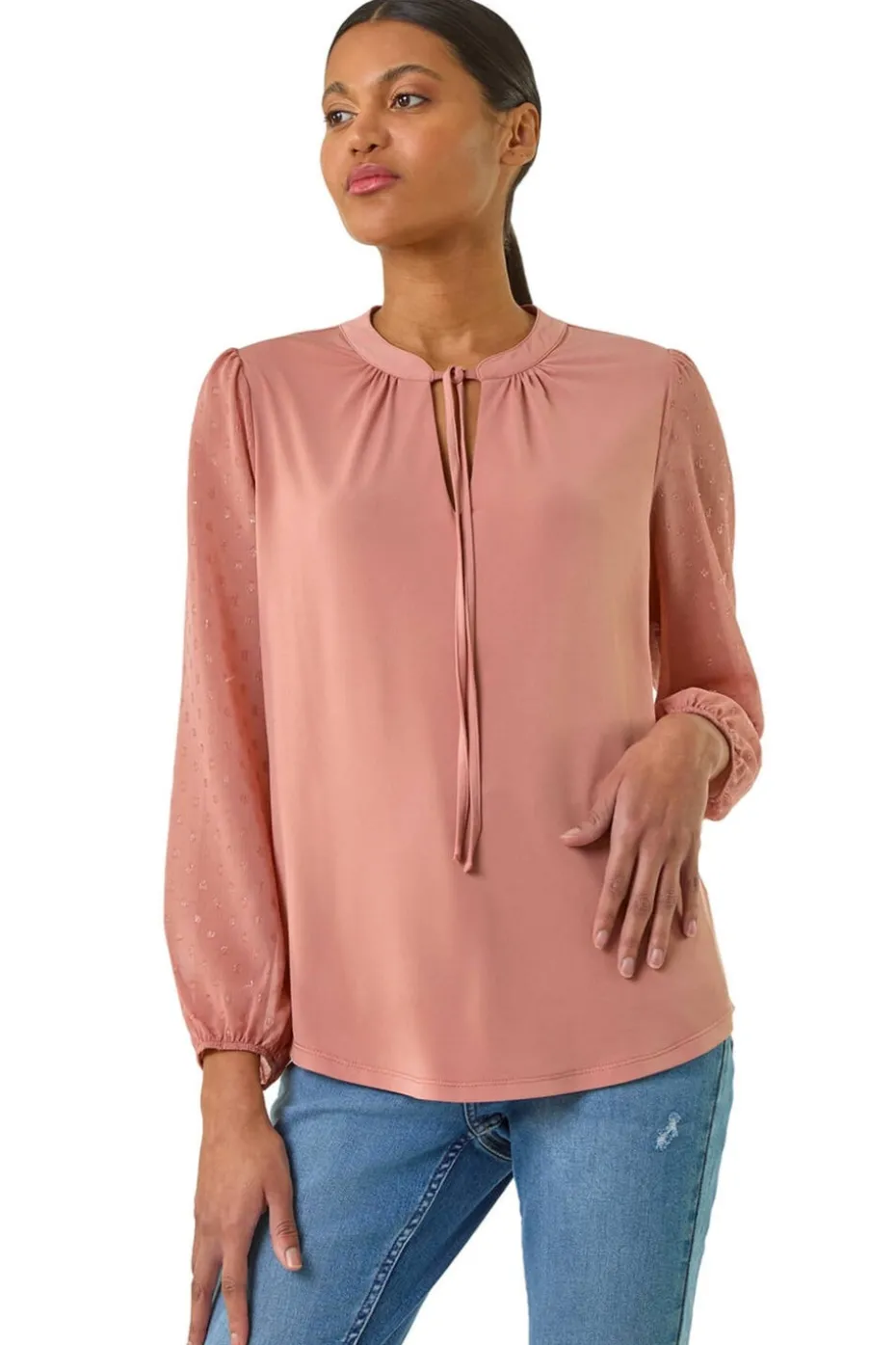 Roman Peach Tie Neck Shimmer Dobby Sleeve Top