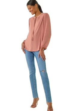 Roman Peach Tie Neck Shimmer Dobby Sleeve Top