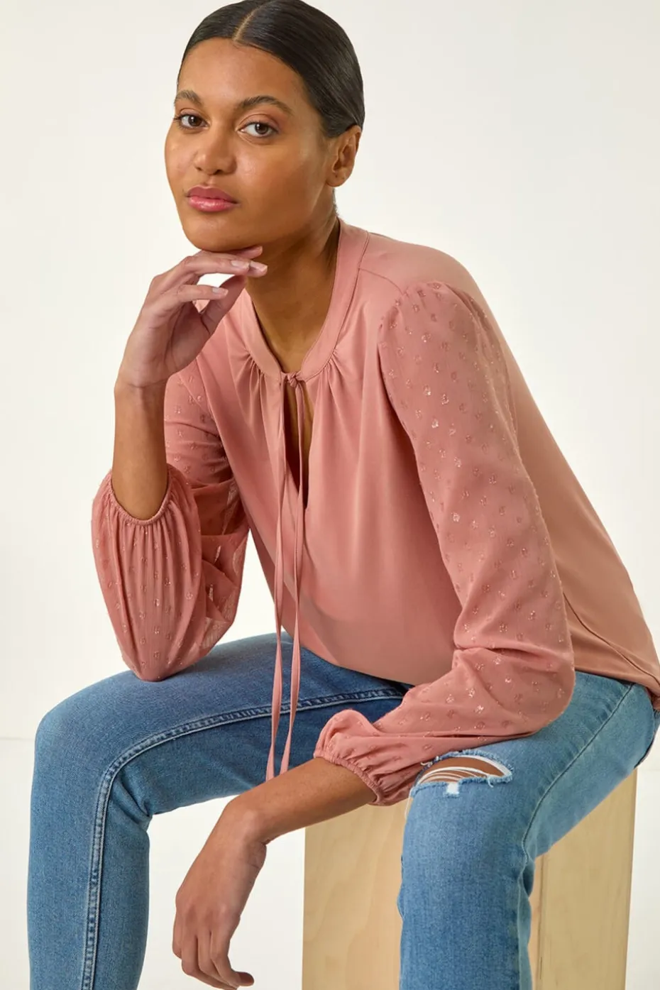 Roman Peach Tie Neck Shimmer Dobby Sleeve Top