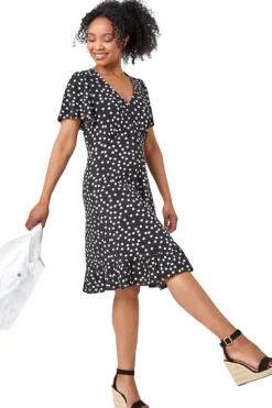 Roman Petite Black Petite Polka Dot Frill Hem Stretch Dress