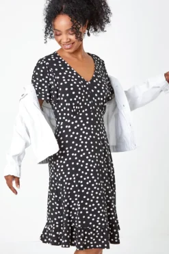 Roman Petite Black Petite Polka Dot Frill Hem Stretch Dress