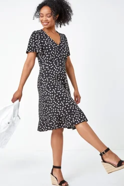 Roman Petite Black Petite Polka Dot Frill Hem Stretch Dress