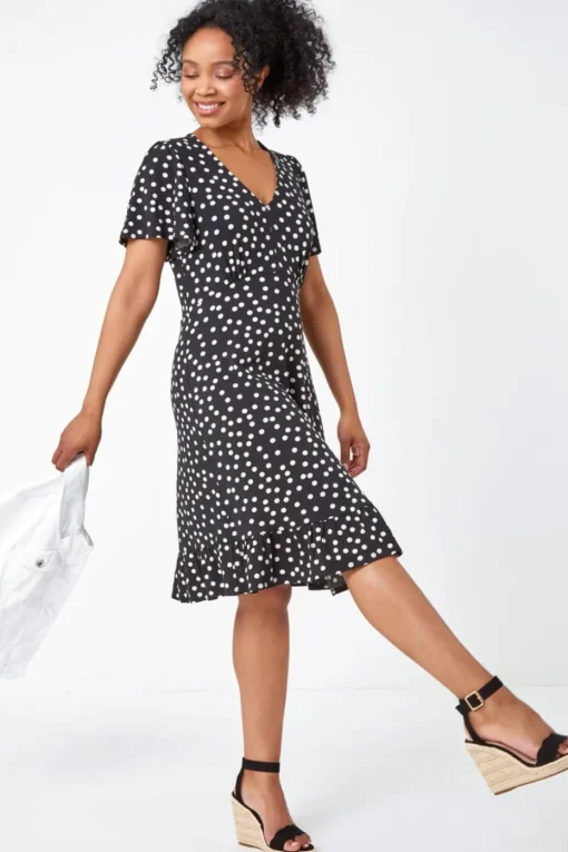 Roman Petite Black Petite Polka Dot Frill Hem Stretch Dress