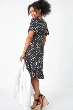 Roman Petite Black Petite Polka Dot Frill Hem Stretch Dress