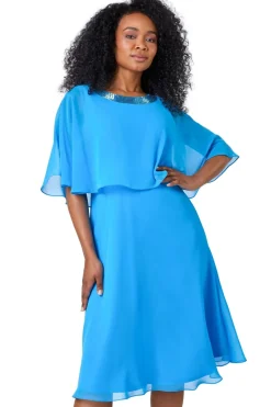 Roman Petite Blue Sequin Trim Chiffon Cape Dress