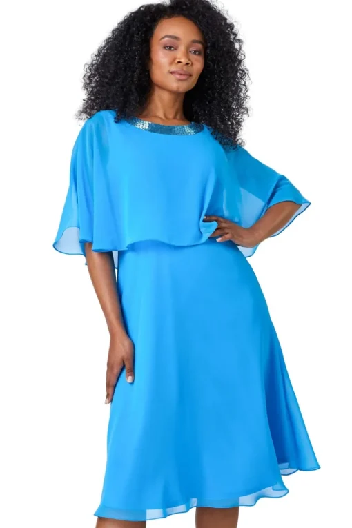 Roman Petite Blue Sequin Trim Chiffon Cape Dress