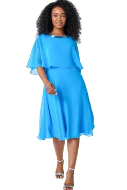 Roman Petite Blue Sequin Trim Chiffon Cape Dress