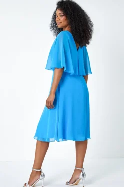 Roman Petite Blue Sequin Trim Chiffon Cape Dress