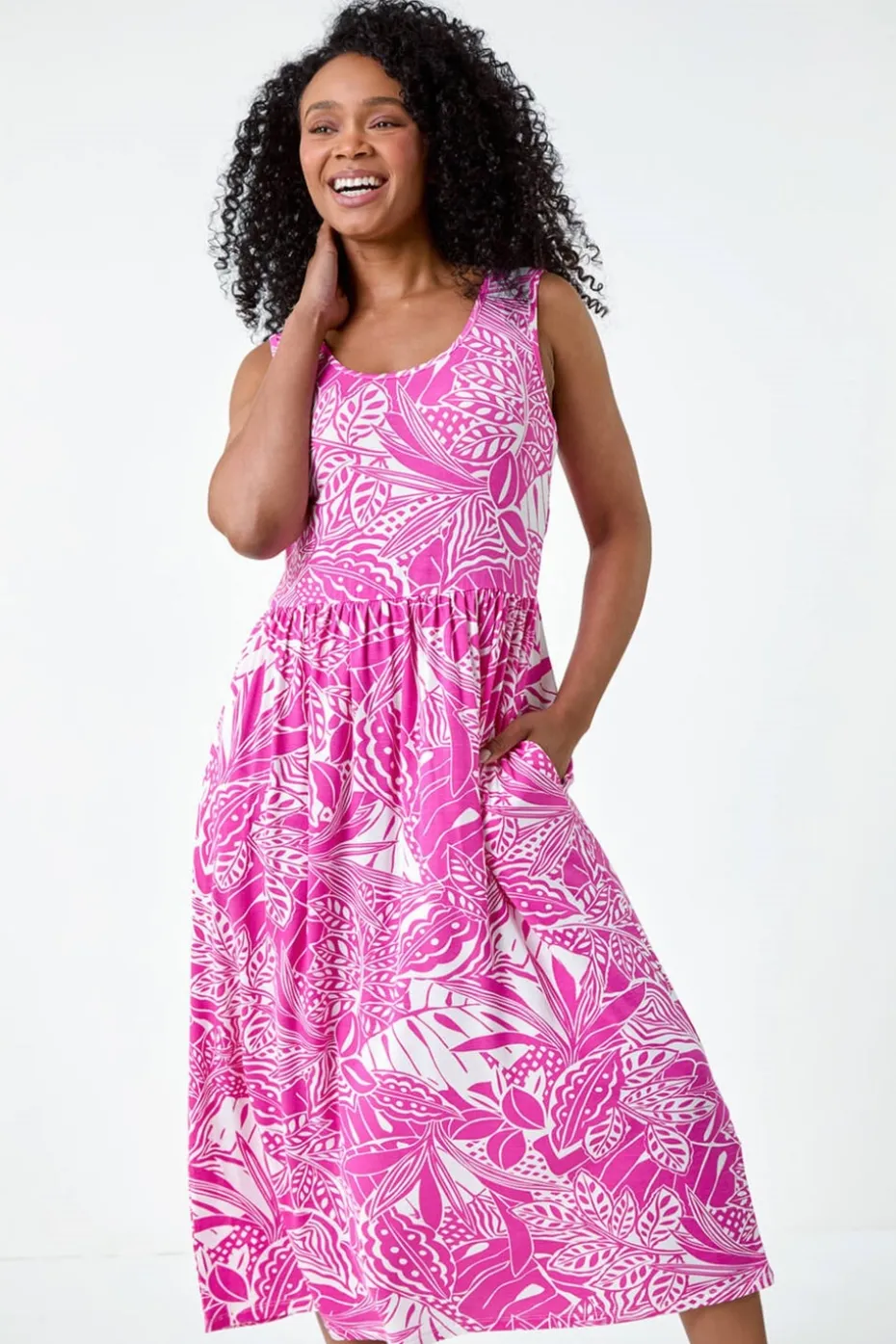 Roman Petite Fuchisa Petite Tropical Stretch Jersey Pocket Dress