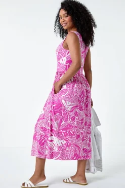 Roman Petite Fuchisa Petite Tropical Stretch Jersey Pocket Dress