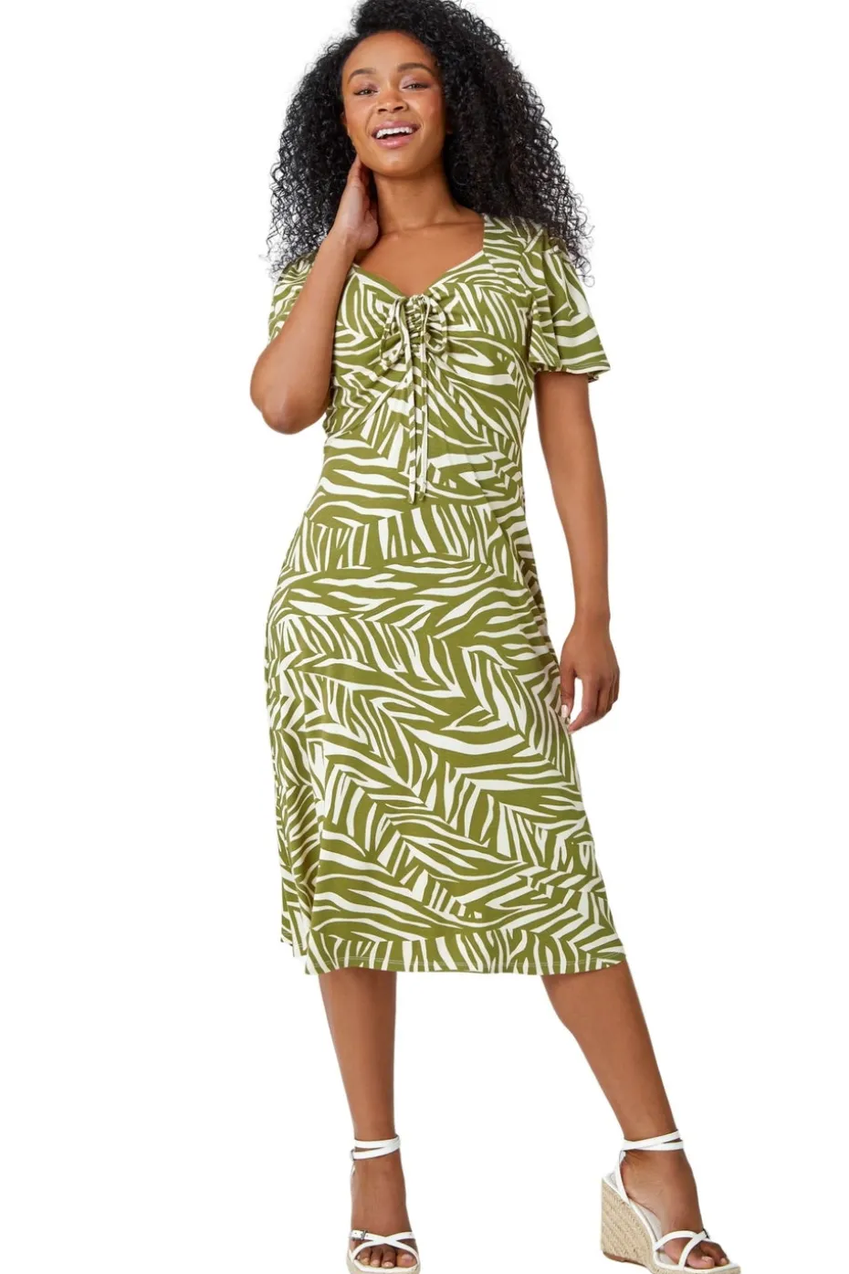 Roman Petite Khaki Animal Stretch Gathered Midi Dress