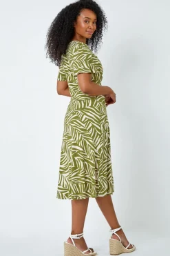 Roman Petite Khaki Animal Stretch Gathered Midi Dress