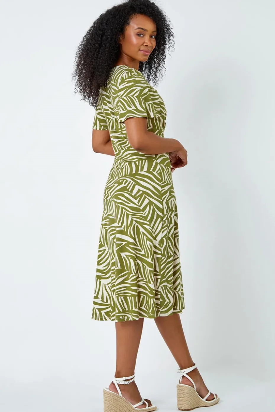 Roman Petite Khaki Animal Stretch Gathered Midi Dress