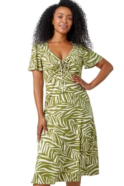 Roman Petite Khaki Animal Stretch Gathered Midi Dress
