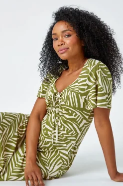 Roman Petite Khaki Animal Stretch Gathered Midi Dress