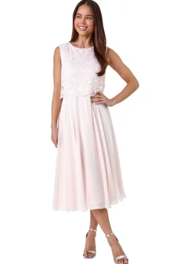Roman Petite Light Pink Chiffon Overlay Lace Midi Dress