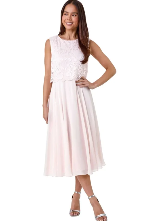 Roman Petite Light Pink Chiffon Overlay Lace Midi Dress